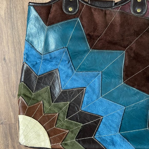 Route 66 Boho Faux Leather/Suede Patchwork Hobo Tote Bag - Picture 3 of 10